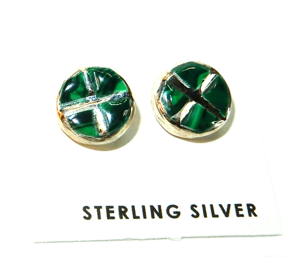 Zuni Sterling Silver Green Shell Round Cross Stud Earrings Native American