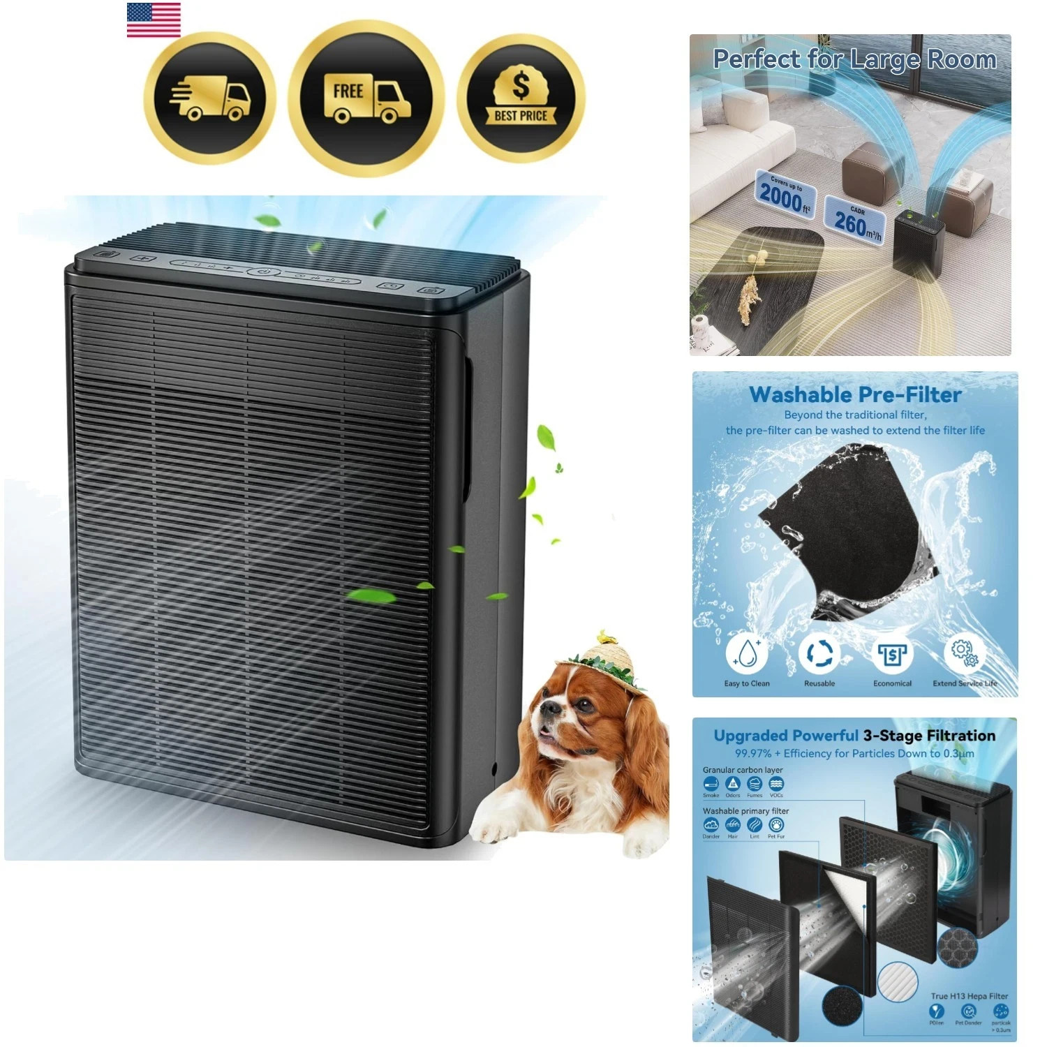 Air Purifier for Large Rooms Up to 2000 Sq Ft HEPA Washable Filter Smoke Odor...