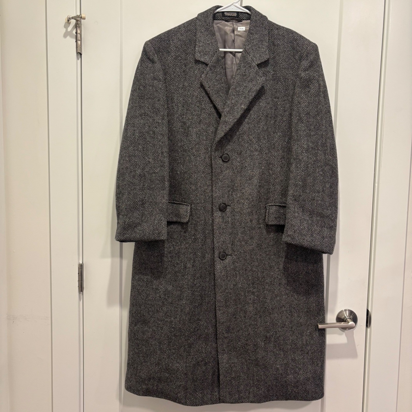 Vintage Stratojac Mens 42 Grey Herringbone Pure Wool Long Overcoat Trench Jacket