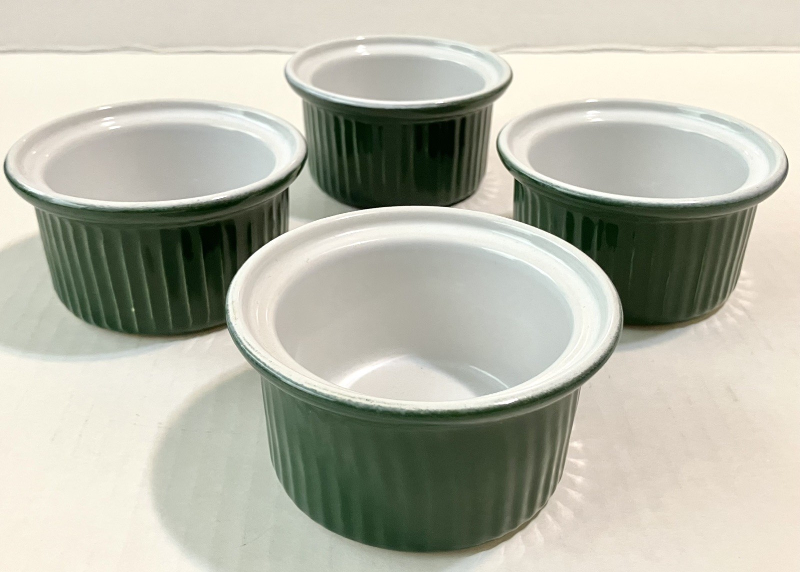 Emile Henry France Green Ribbed Ceramic 40-08 Ramekins Set of 4 Souffle Dishes