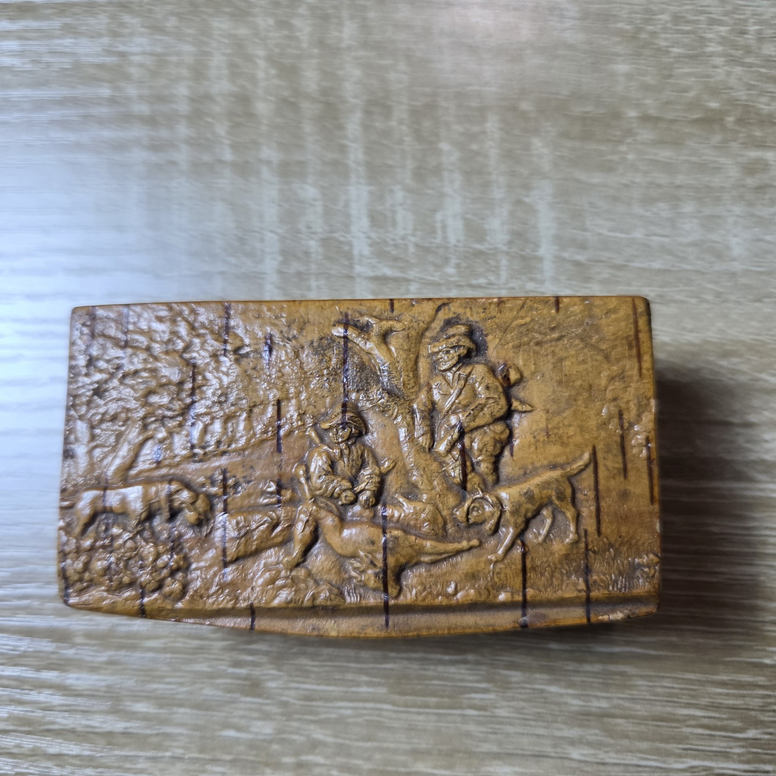 Antique 19th C Pressed Birch Bark Snuff Box Relief Hunting Scene Folk Art Antique 19th C Pressed Birch Bark Snuff Box Relief Hunting Scene Folk Art