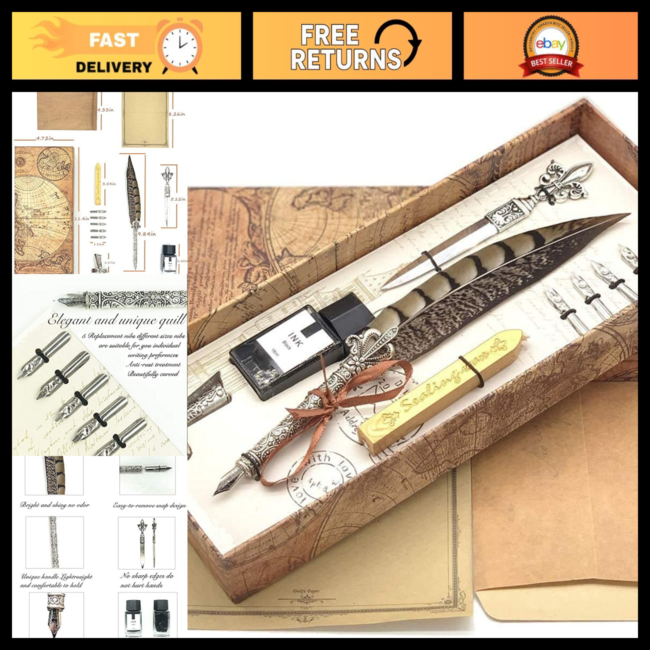 Antique Two-Color Feather Quill Dip Pen Set with Ink & Writing Paper for Calligr