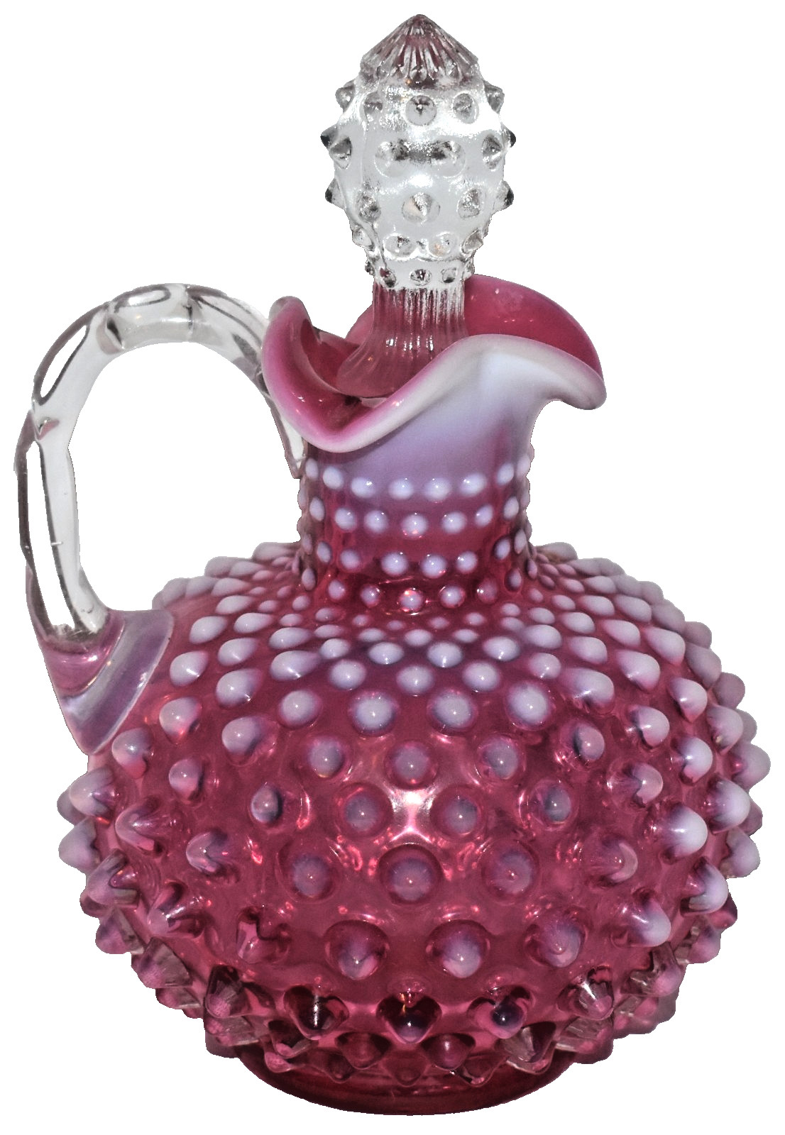 Vintage Fenton Glass Cranberry Opalescent Hobnail Cruet With Stopper