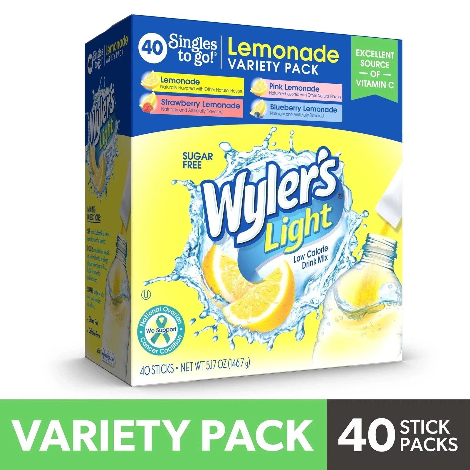 Wyler\'s Light Lemonade Powder Mix, Singles To Go Variety Pack, 4 Flavors, 40 Ct