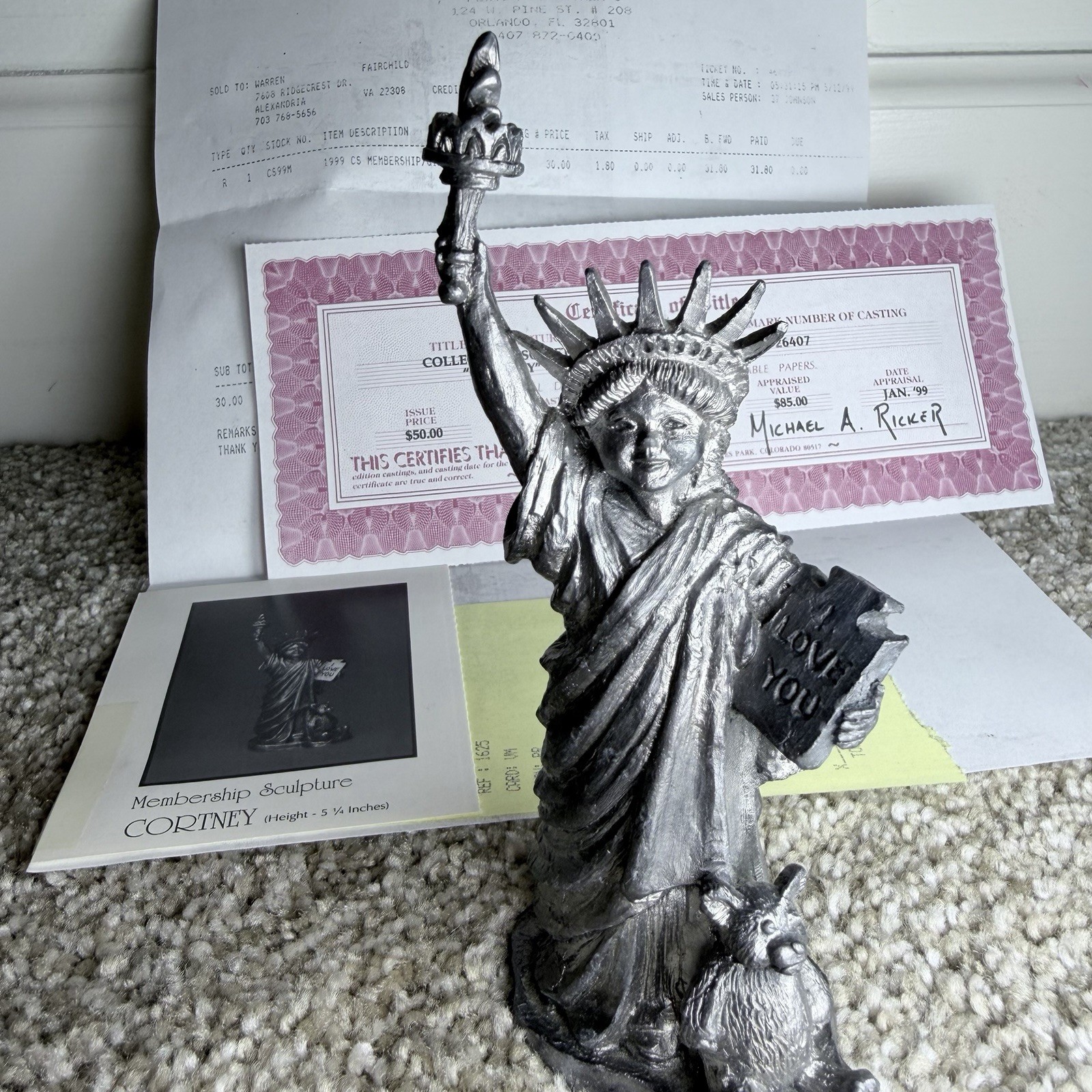 Vintage Michael Ricker Pewter Statue of Liberty W/teddy Bear Cortney 1999 3197 Vintage Michael Ricker Pewter Statue of Liberty W/teddy Bear Cortney 1999 3197