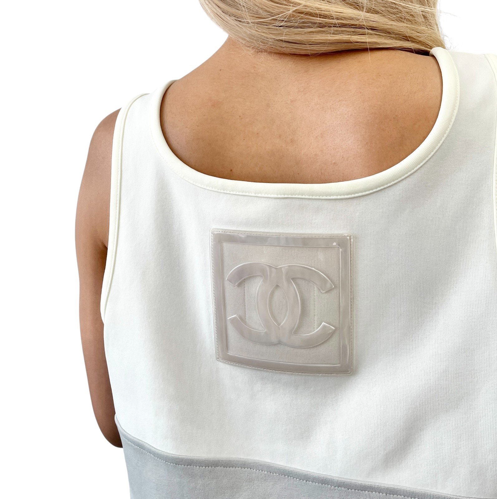 CHANEL Sport Vintage 01P Big CC Logo Tank Top #42 Gray White Nylon 106915