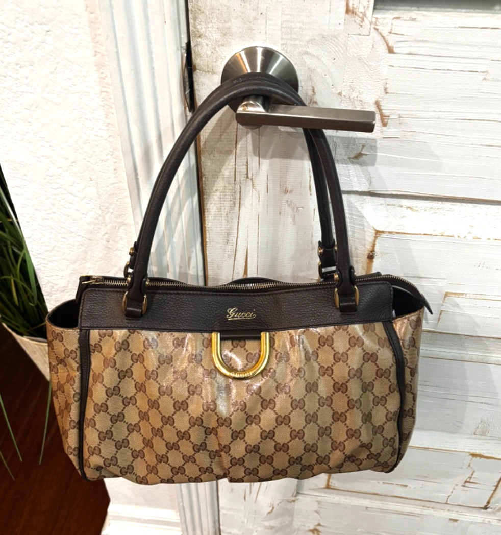 AUTHENTIC Gucci Brown Crystal Canvas D-Ring Abbey Zip Tote - NICE
