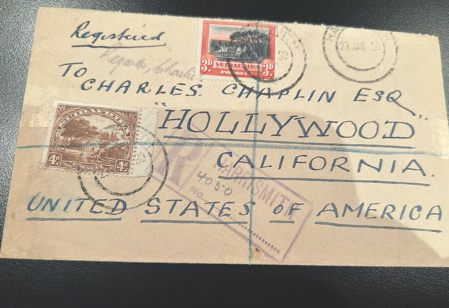 1930 South African cover to Charlie Chaplin Hollywood USA  (AR118)