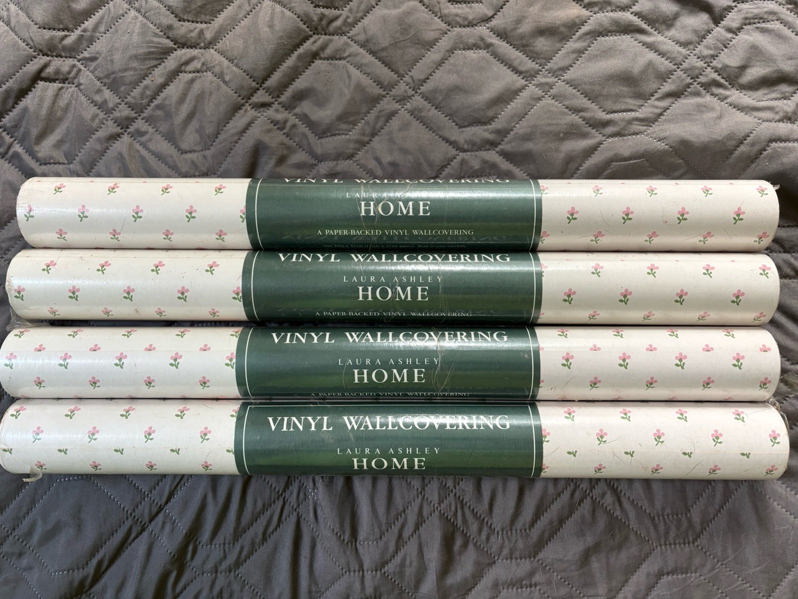 Vintage Laura Ashley Vinyl Wallpaper Pink Green White Petite Flowers 4 Rolls