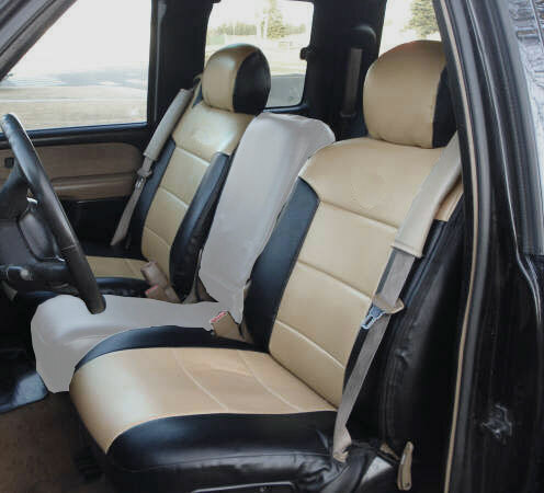 FOR 00-02 CHEVY SILVERADO S.LEATHER CUSTOM FIT 2 FRONT SEAT COVERS BLACK/BEIGE