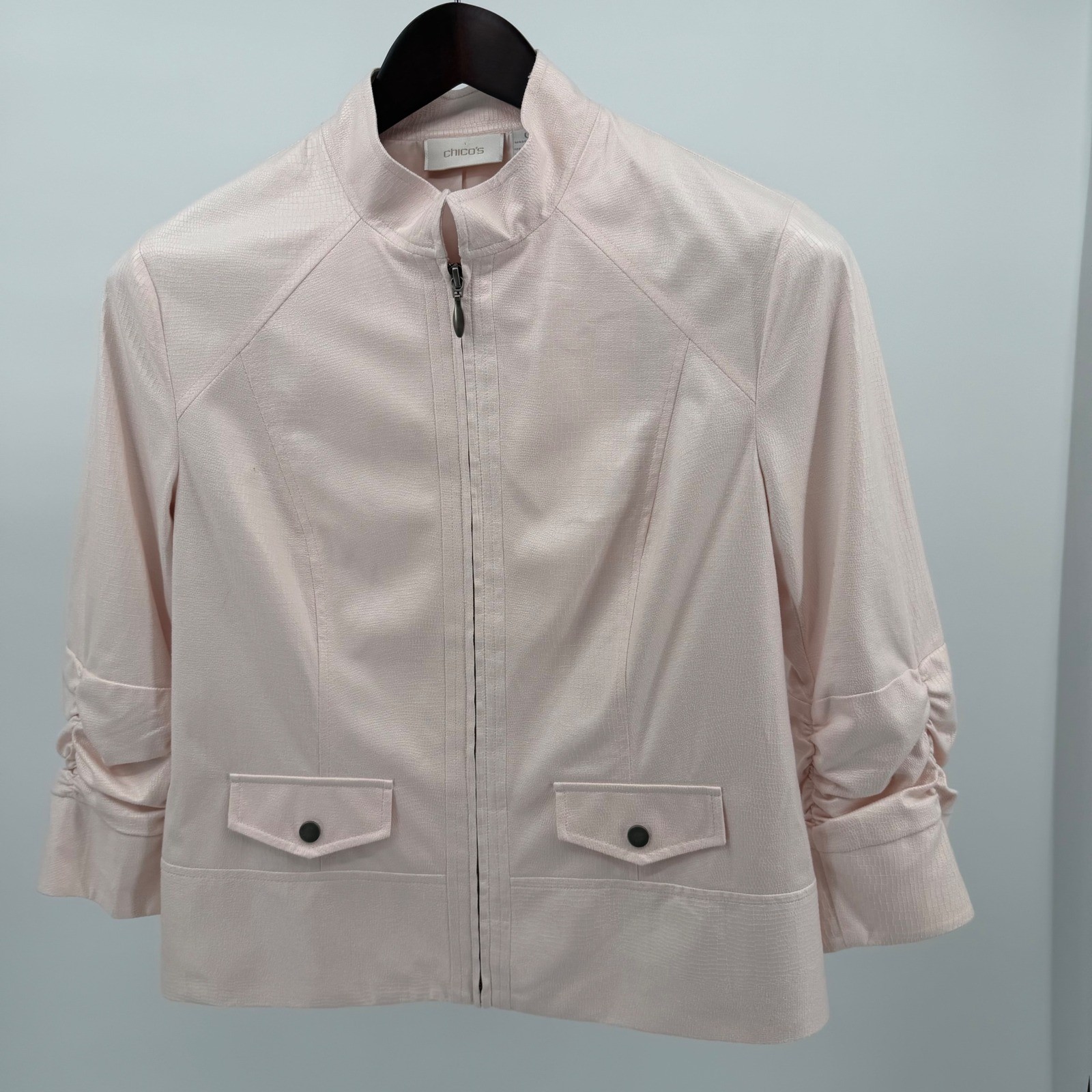 Chico\'s Pebbled Luxe Executive Jacket Blush Textured Structured Zip Front 0 NWT