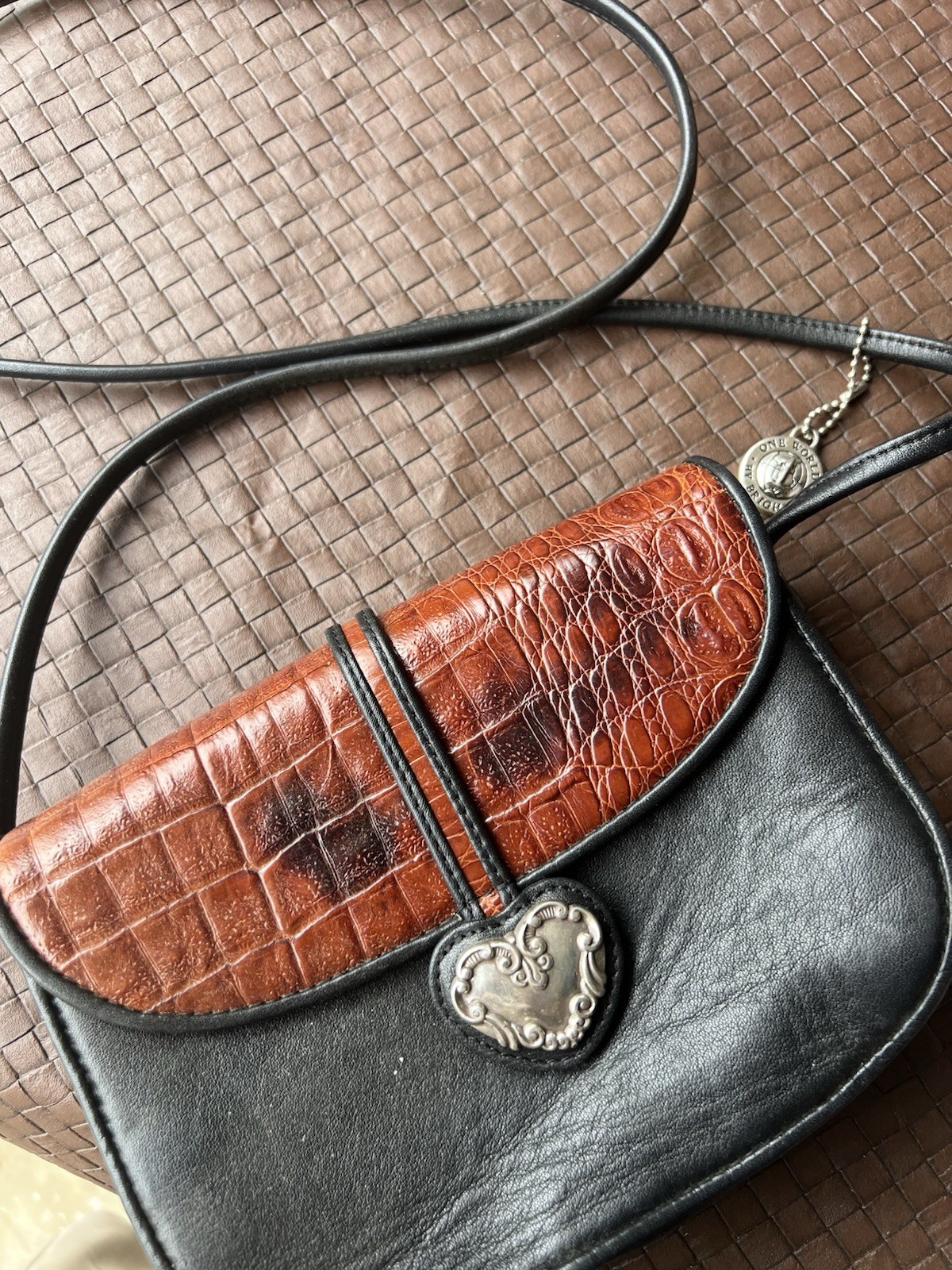 Brighton One World Petite Black Brown Embossed Leather Flap Front Crossbody Bag