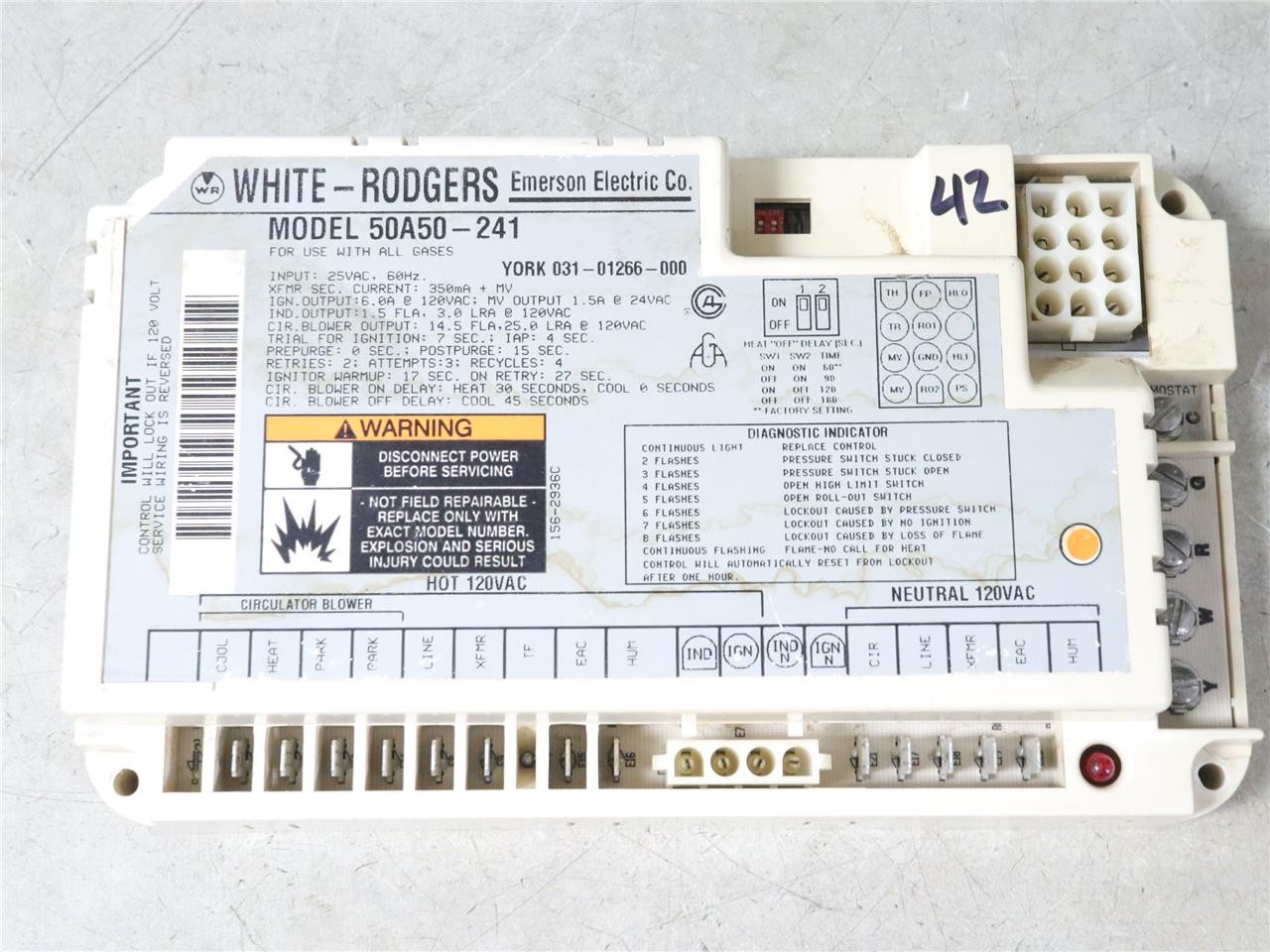 White Rodgers 50A50-241 Furnace Control Circuit Board YORK 031-01266-000 #42