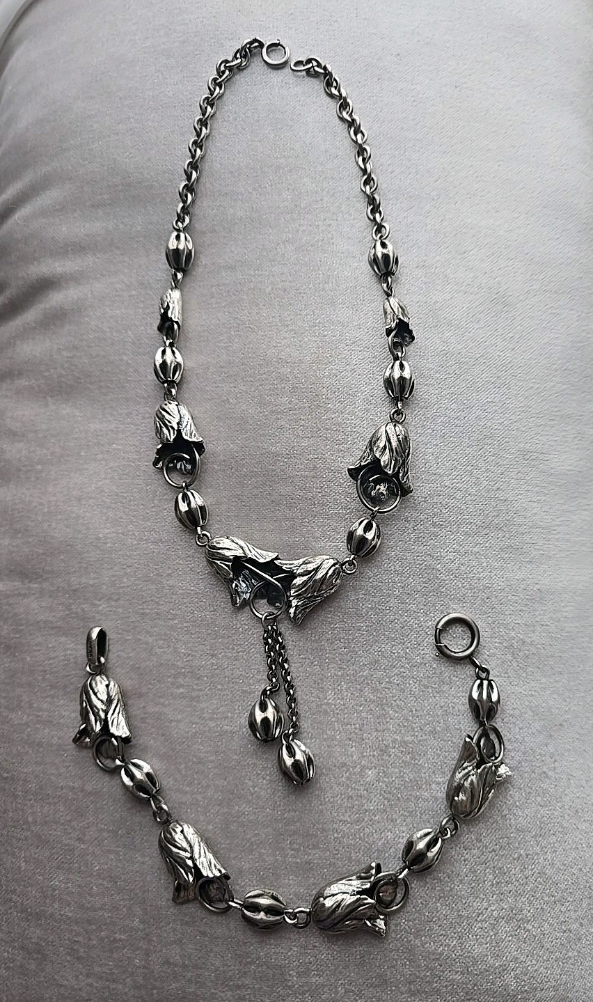 1940's Napier Sterling Tulip Pod Necklace & Bracelet Set Lariat Style 