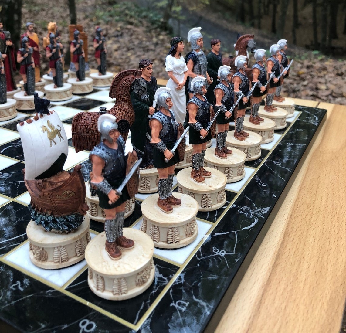X-Large Handmade Trojan vs Sparta Chess Set with Marble Design Wooden Board 17\