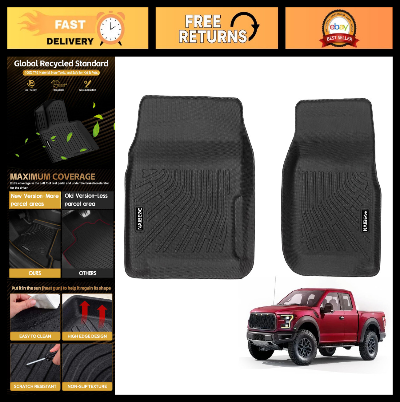 Custom Fit All Weather Floor Mats for 1980-1996 Ford Bronco F-150 F-250 F-350