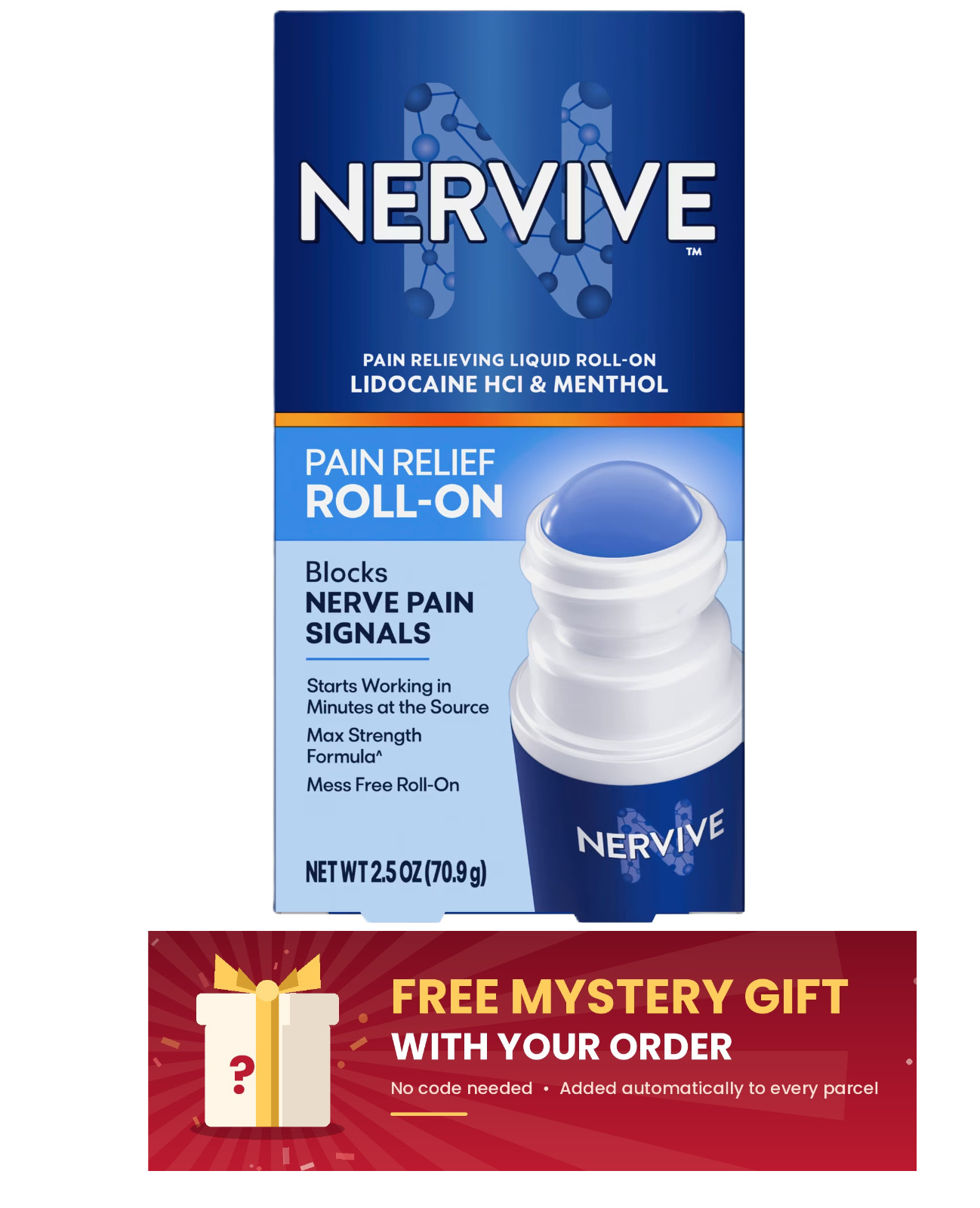 Nervive Pain Relieving Roll On, Max Strength Topical Pain Relief, 2.5 oz