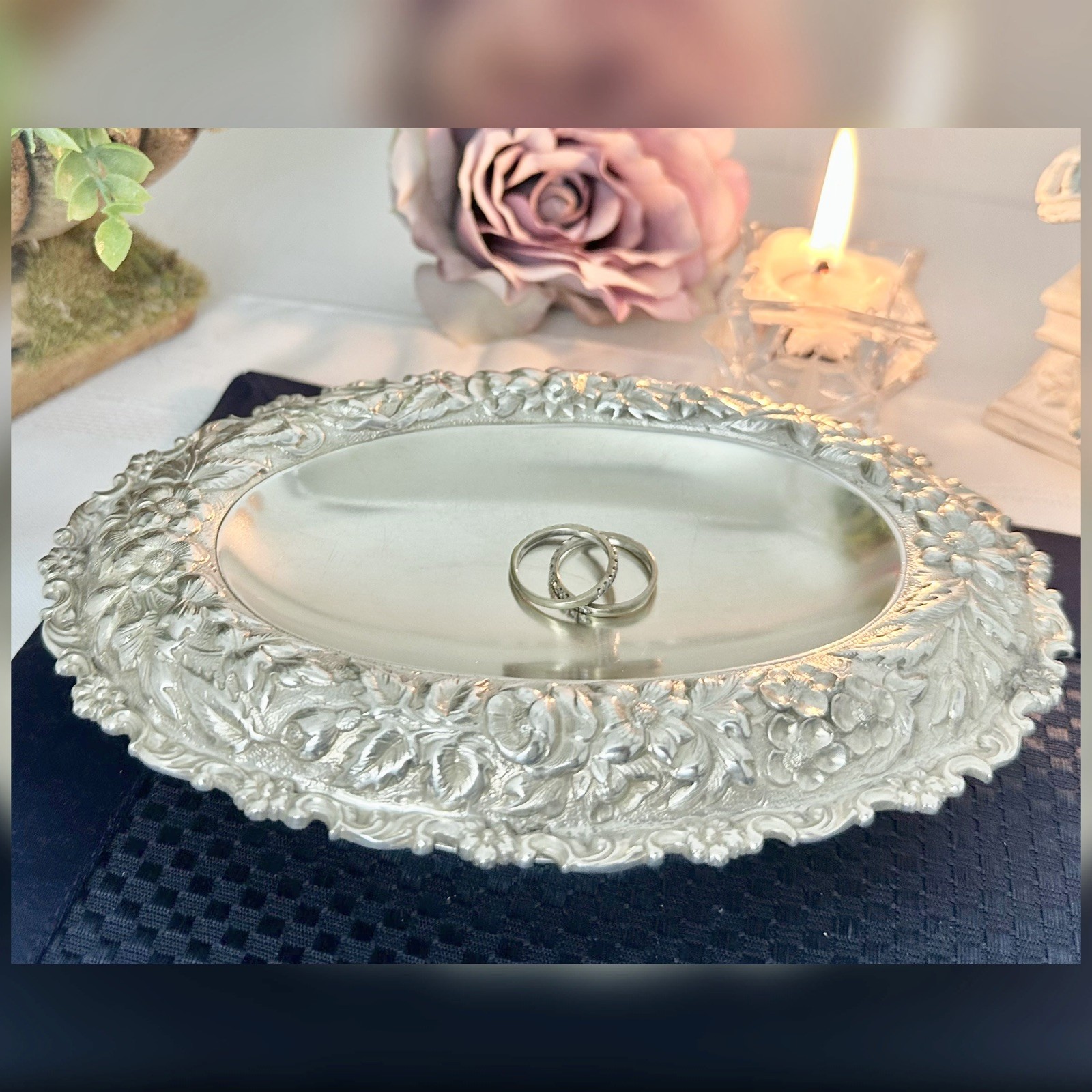 Antique Tiffany & Co Silver Soldered Repousse Bowl Oval Floral Dish 7.25 Inch