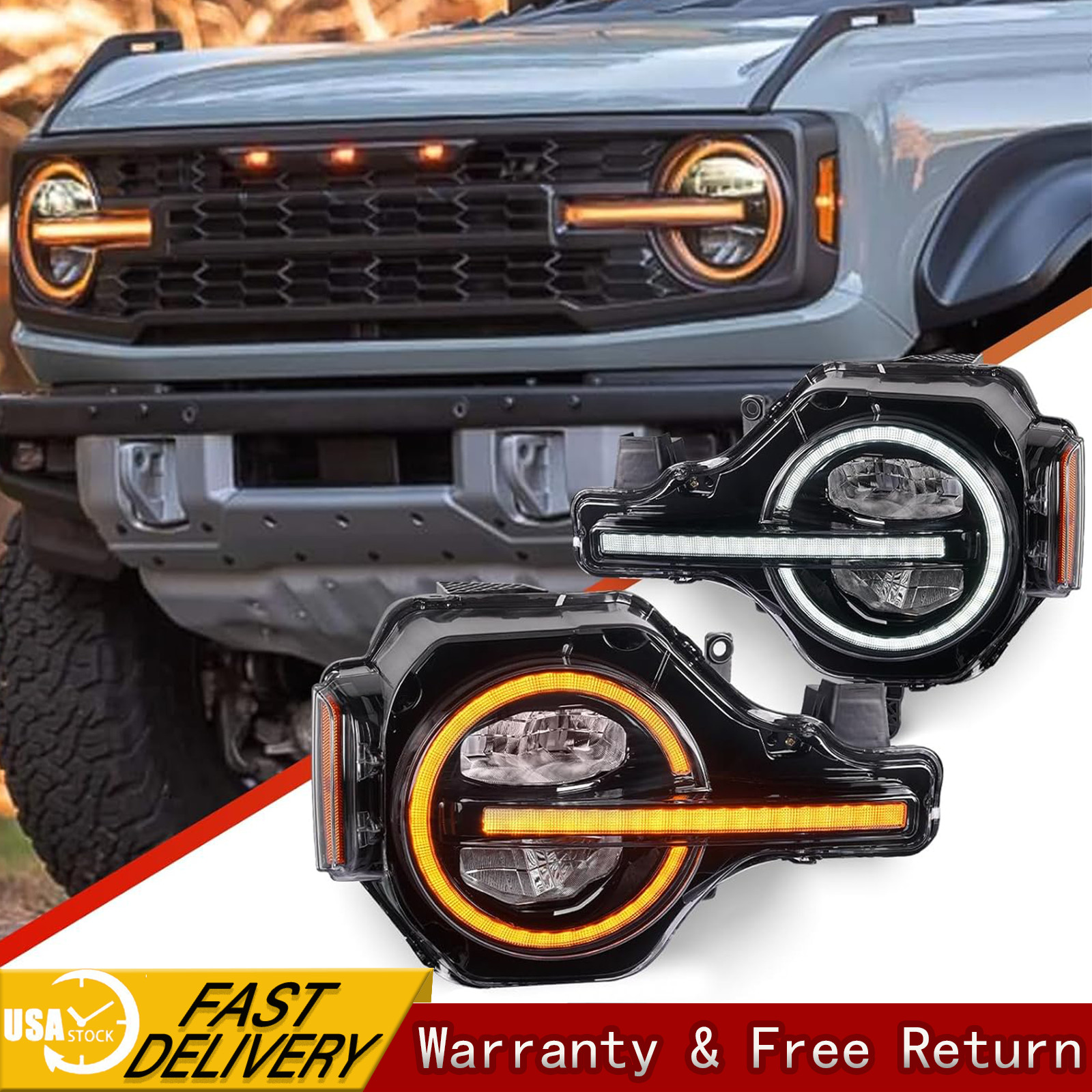 White/Yellow DRL LED Headlight For 2021-2026 Ford Bronco Raptor w/ Animation