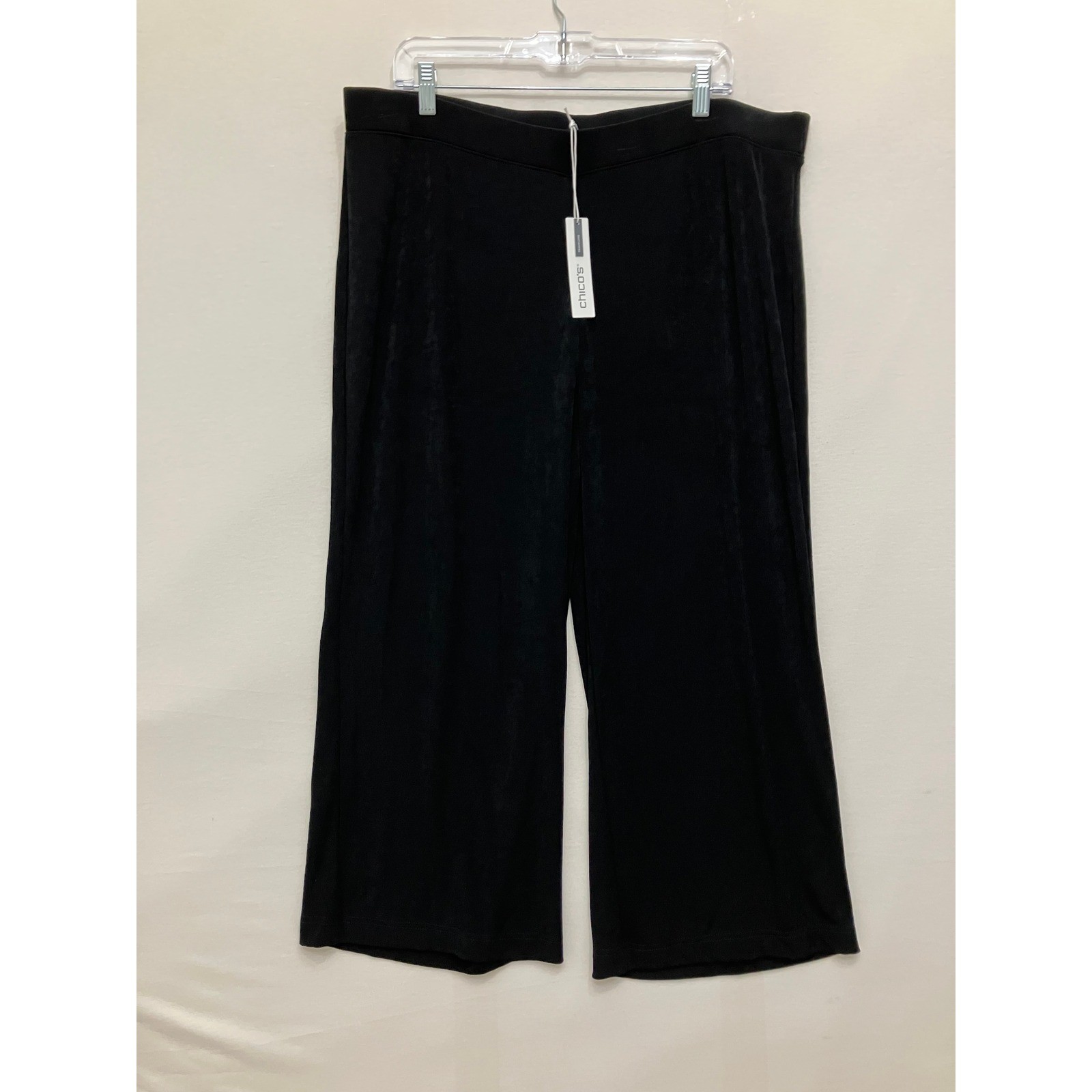 New Chico\'s Travelers Crop Pants size XL/3 Black Wide Leg Pull On Slinky Knit