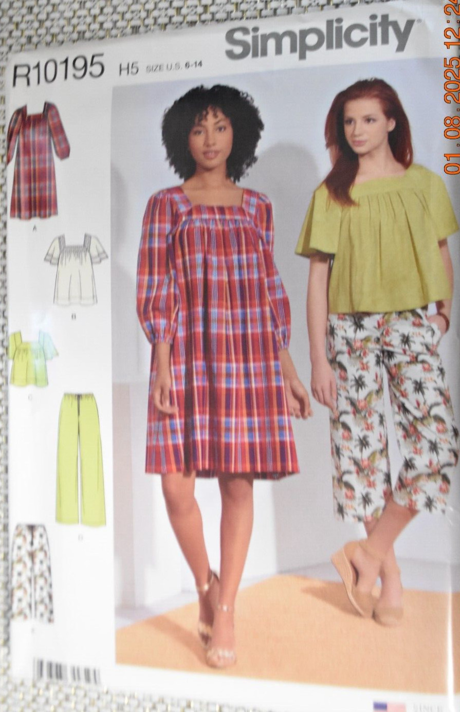 Simplicity R10195 Misses Dress Tops Pants 2 Lengths Pattern Sz6-8-10-12-14 Uncut