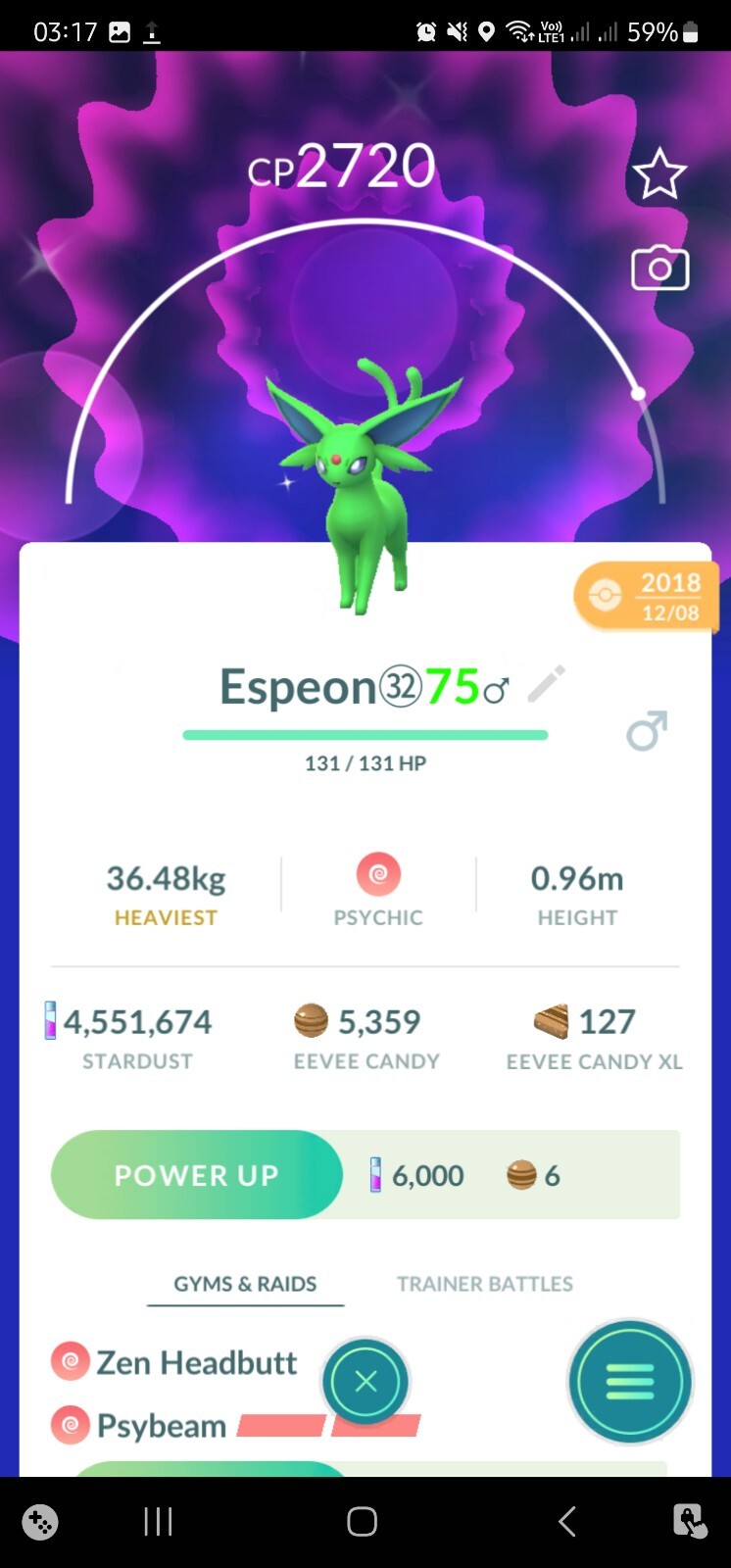 Shiny Espeon ( Caught In 2018 ) Pokemon Tr@de Go
