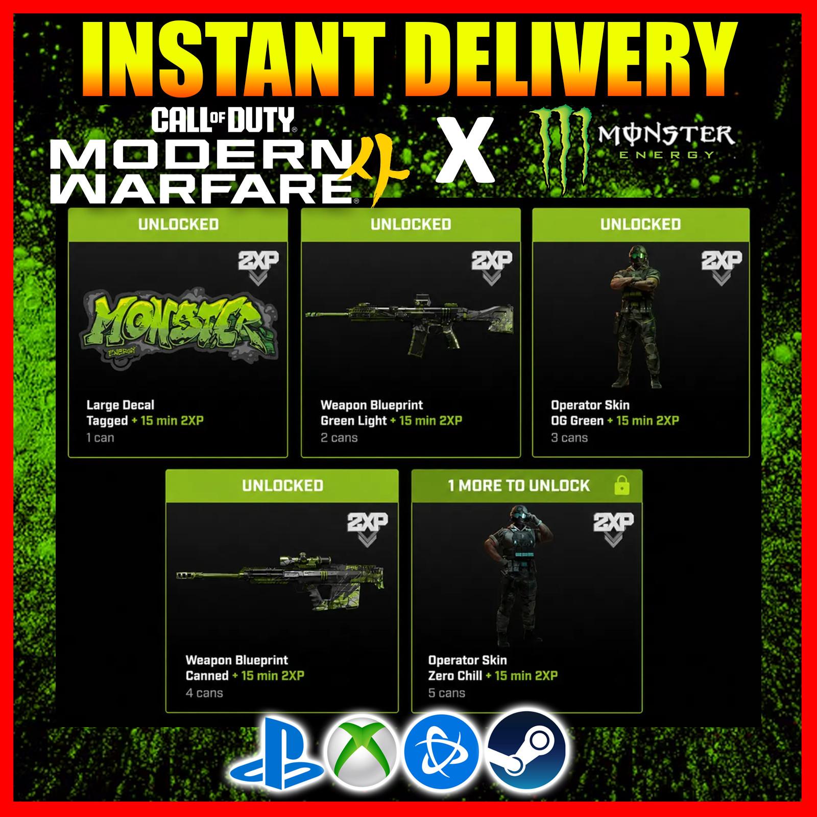 COD: MW4: Modern Warfare 4 Skin x Monster Energy Set Full Bundle 5x Codes ✅️ COD: MW4: Modern Warfare 4 Skin x Monster Energy Set Full Bundle 5x Codes ✅️