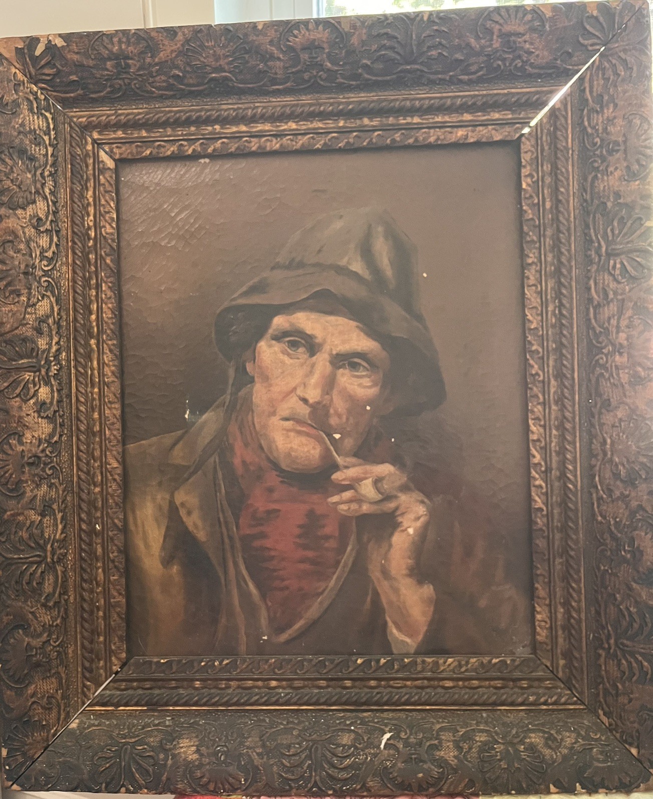 Antique 19th C Oil on Canvas Portrait Man Smoking Pipe Ornate Period Frame