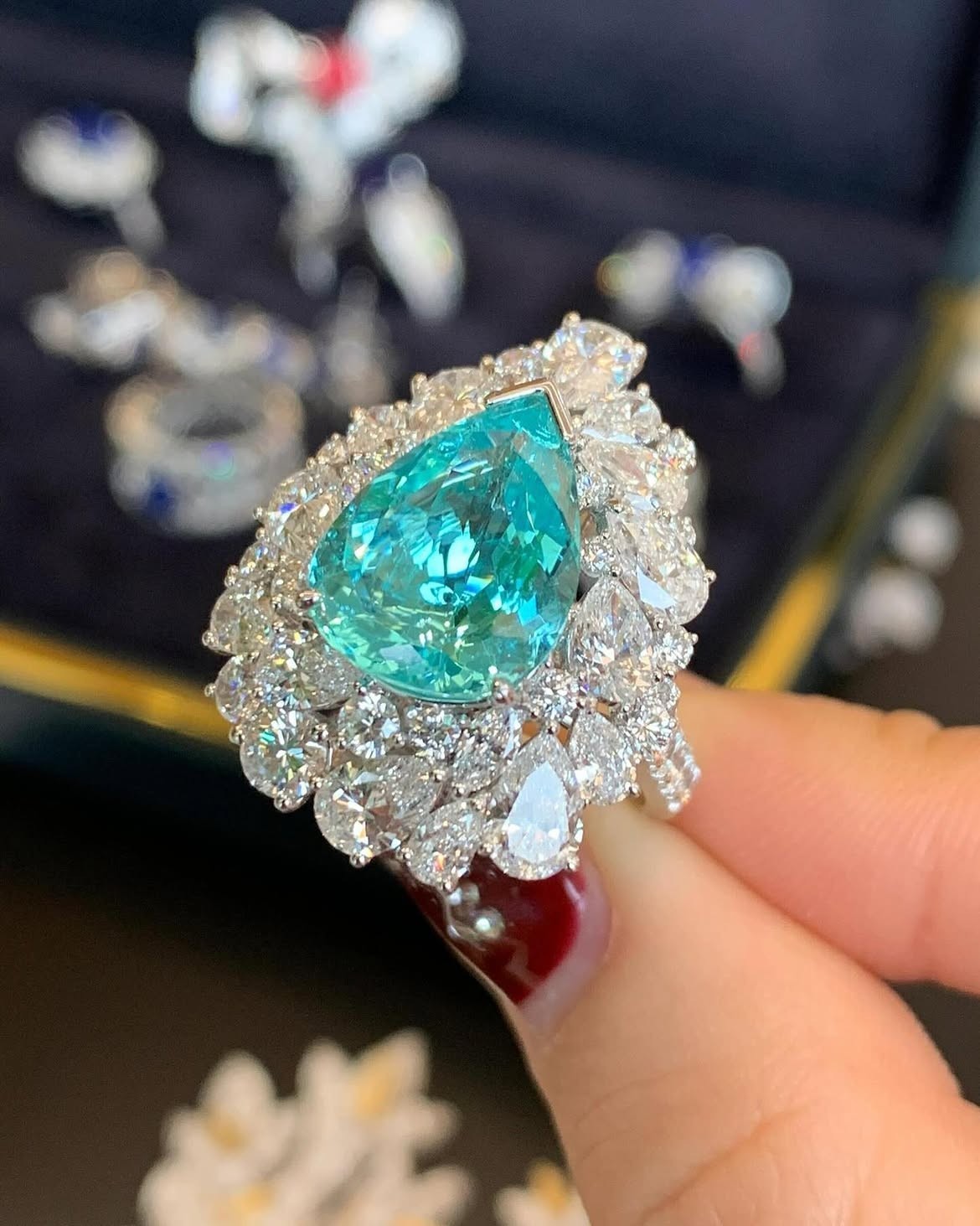 5.00Ct Pear Cut Vivid Blue Paraiba Tourmaline & Diamond Halo Ring 14K White Gold