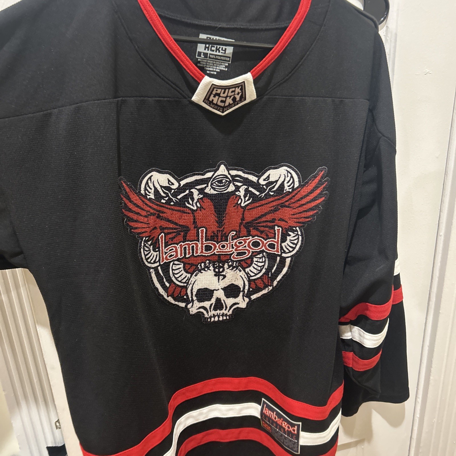 RARE Lamb Of God PUCK HCKY L Jersey Metal Hatebreed Pantera Gojira Slipknot Mosh