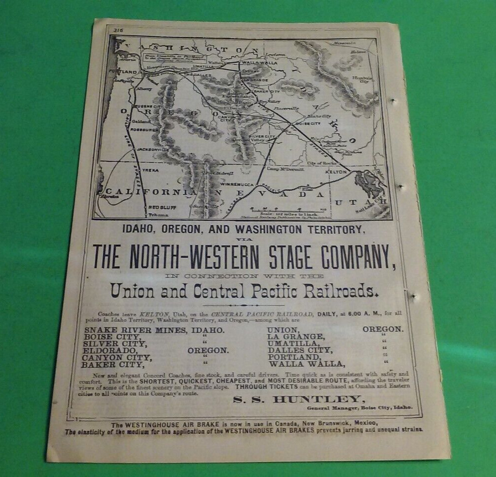 Rare 1876 THE NORTH-WESTERN STAGE Stagecoach COMPANY Railroad Print Map & Routes