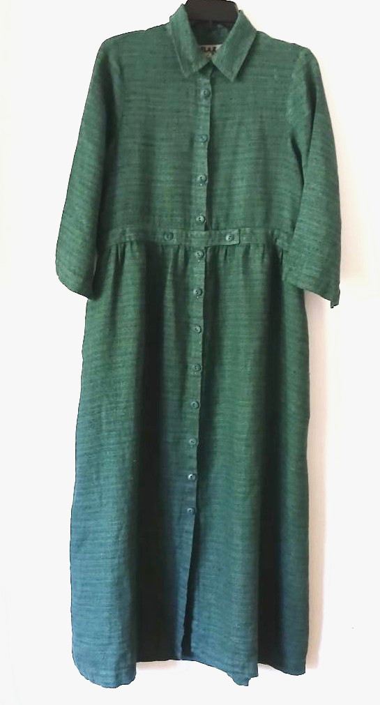 FLAX Designs Linen PETITE Maxi Dress Collar Forest Green Button Up Pockets NEW