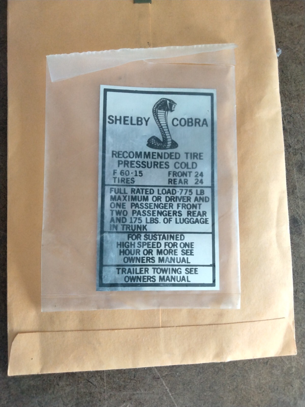 1967-68 Shelby Cobra Tire Pressure Decal with F60 x 15\ 1967-68 Shelby Cobra Tire Pressure Decal with F60 x 15\
