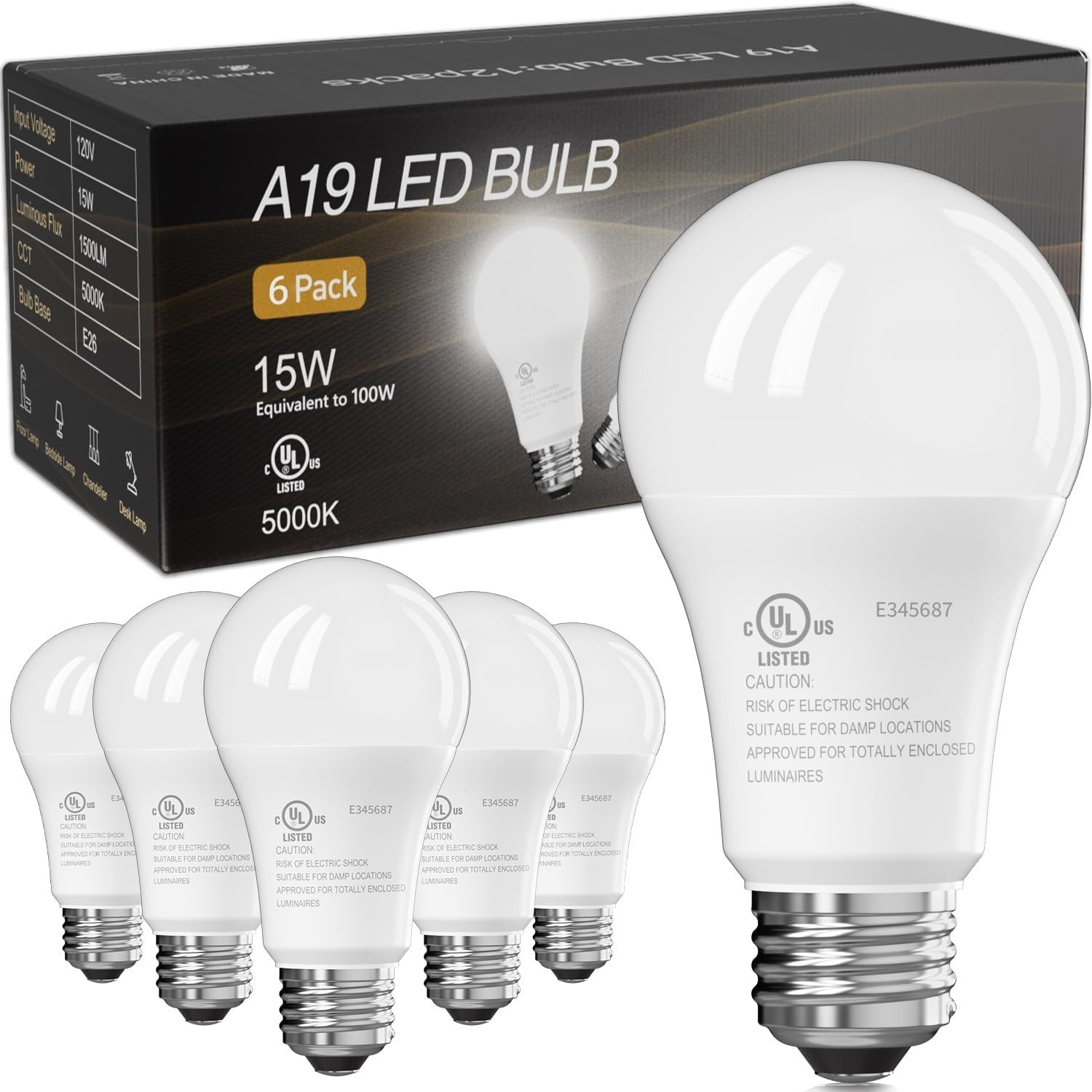 4/6/12/24-pack A19 LED Bulbs 15W equivalent 100W replacement Daylight 5000K E26