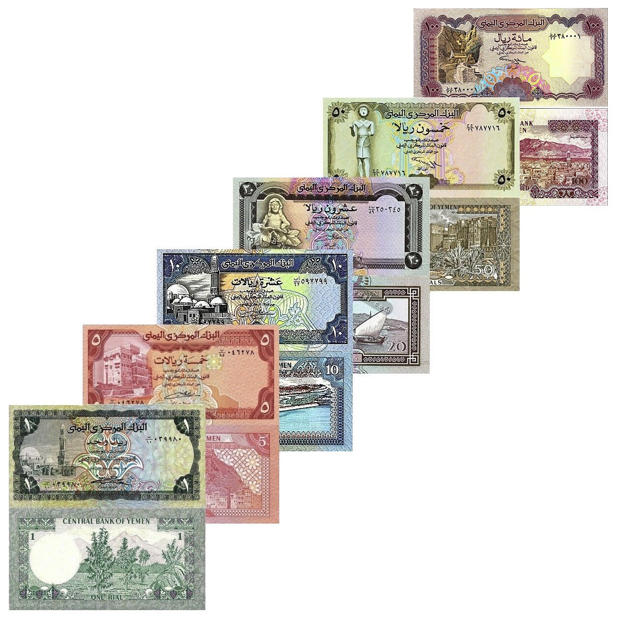 YEMEN SET OF 6 PCS 1 5 10 20 50 100 RIALS P 16 17 24 26 27 28 UNC