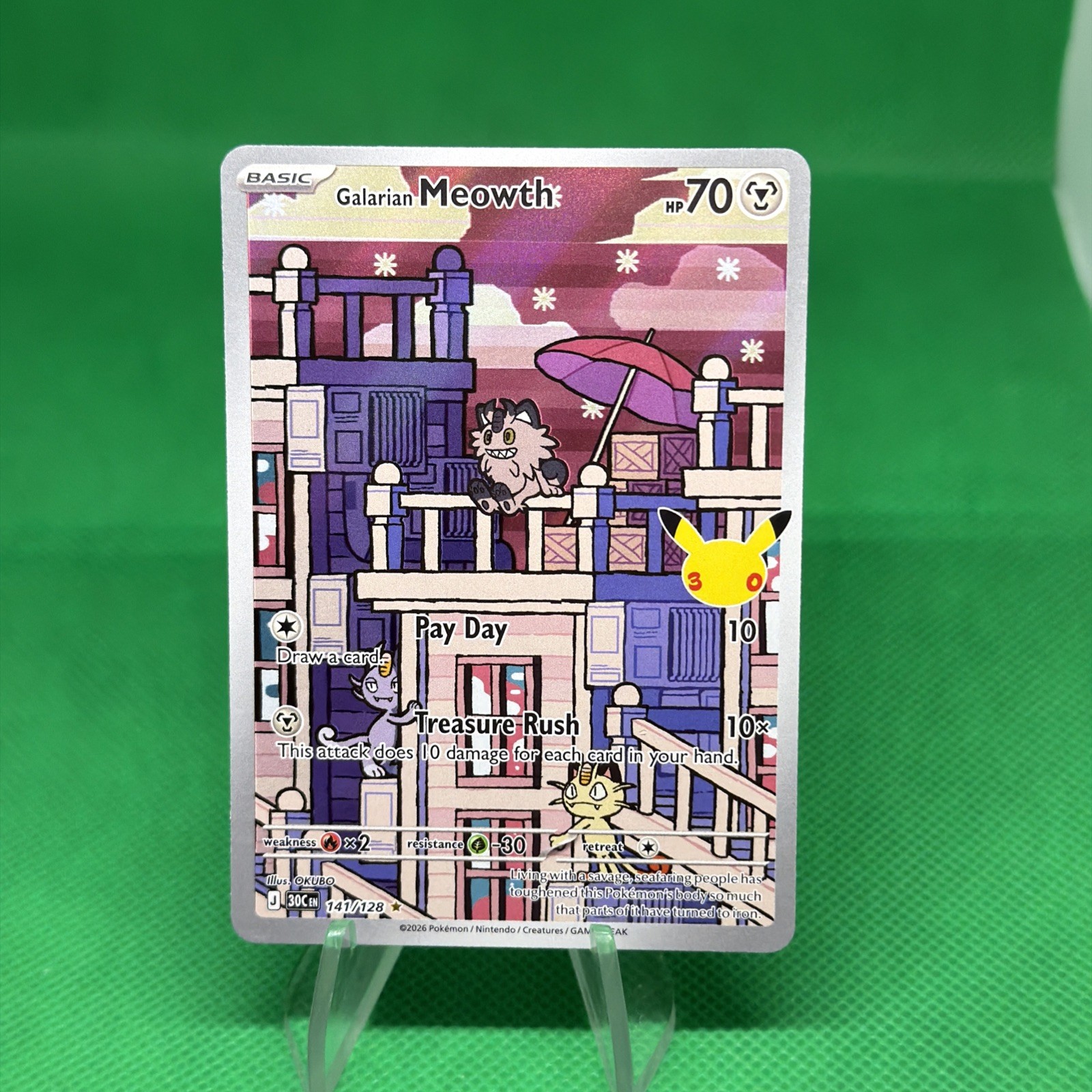 Pokemon TCG 30th Anniversary Galarian Meowth 141/128 Illustration Rare 2026 Mint Pokemon TCG 30th Anniversary Galarian Meowth 141/128 Illustration Rare 2026 Mint
