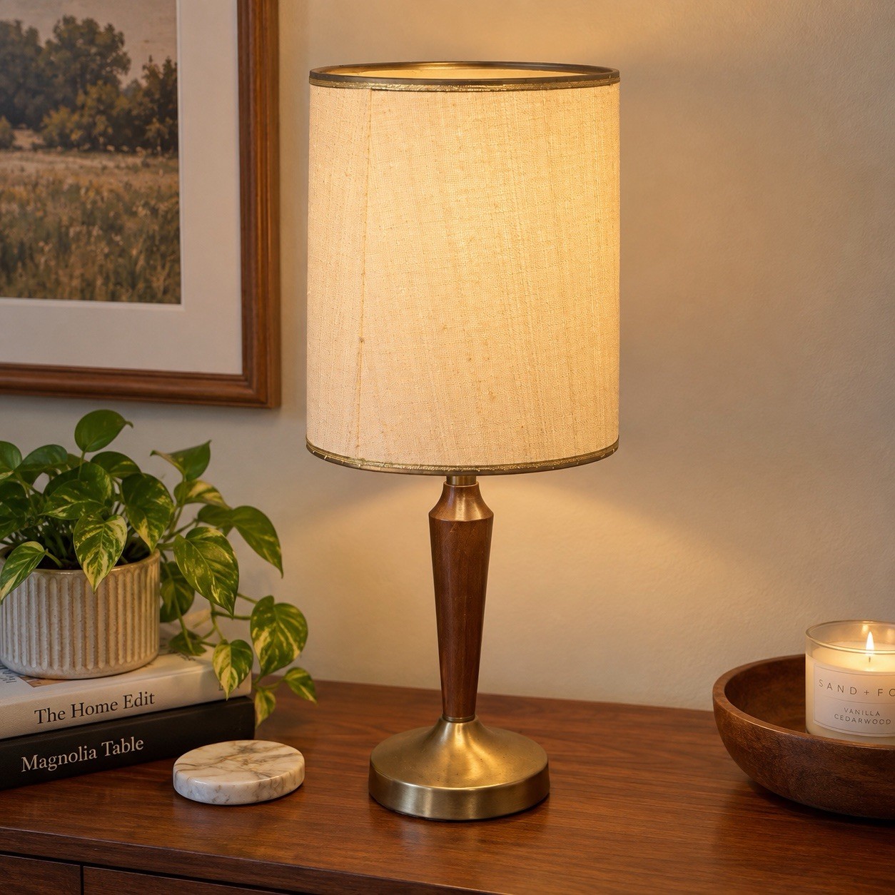 Vintage MCM Table Lamp Wood Brass Tone Original Drum Shade Mid Century Modern