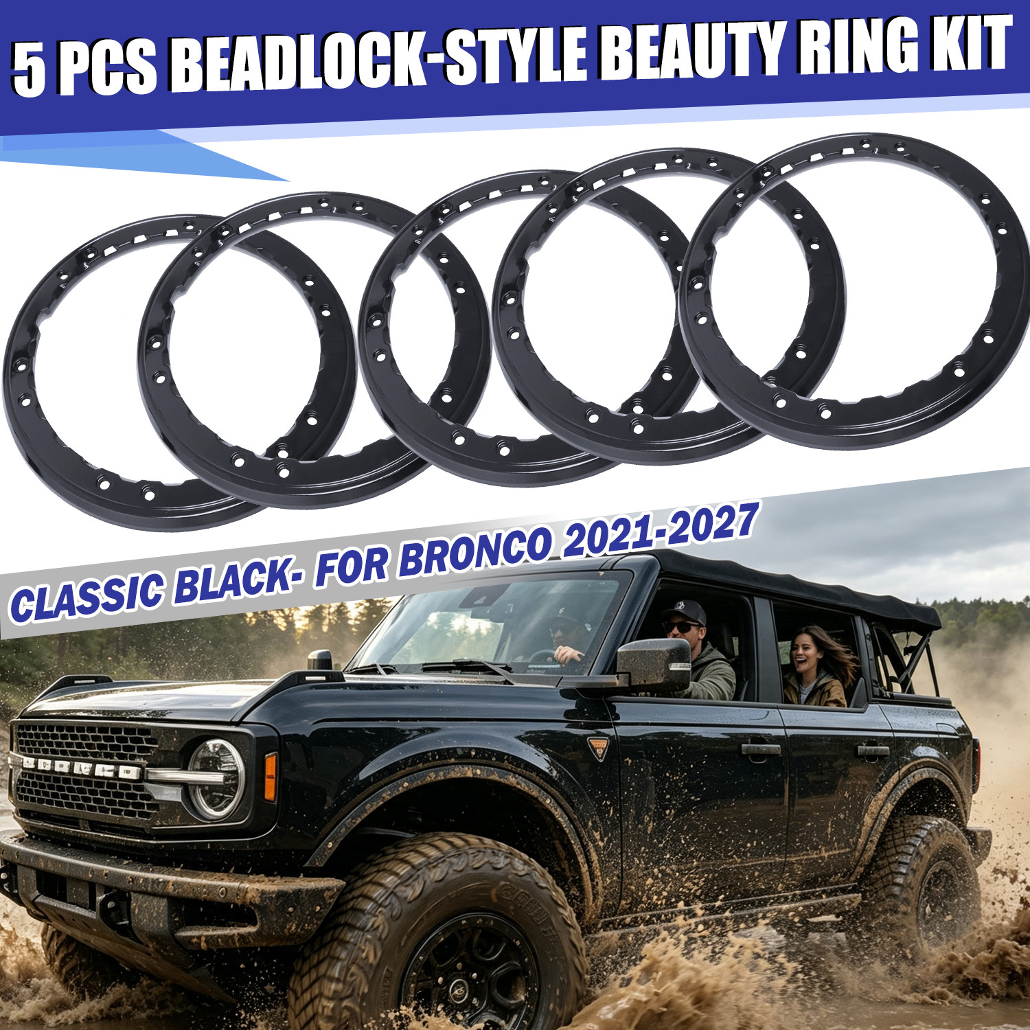 5X Black Bead Lock Wheel Trim Ring Kit For 2021-2027 Ford Bronco Beauty Rings