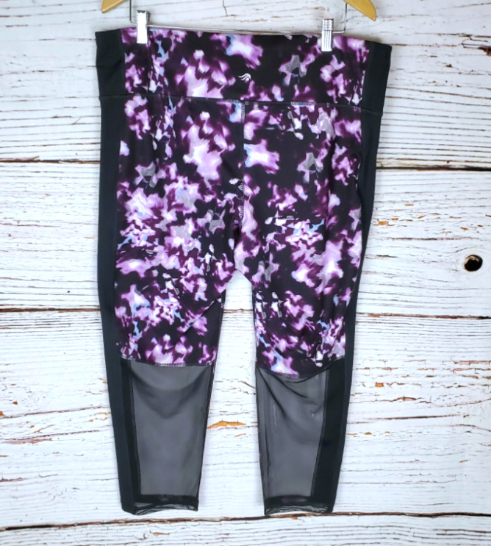 NWOT Ideology Crop Leggings Women\'s Size XXL Plum Purple Abstract Print Mesh Hem
