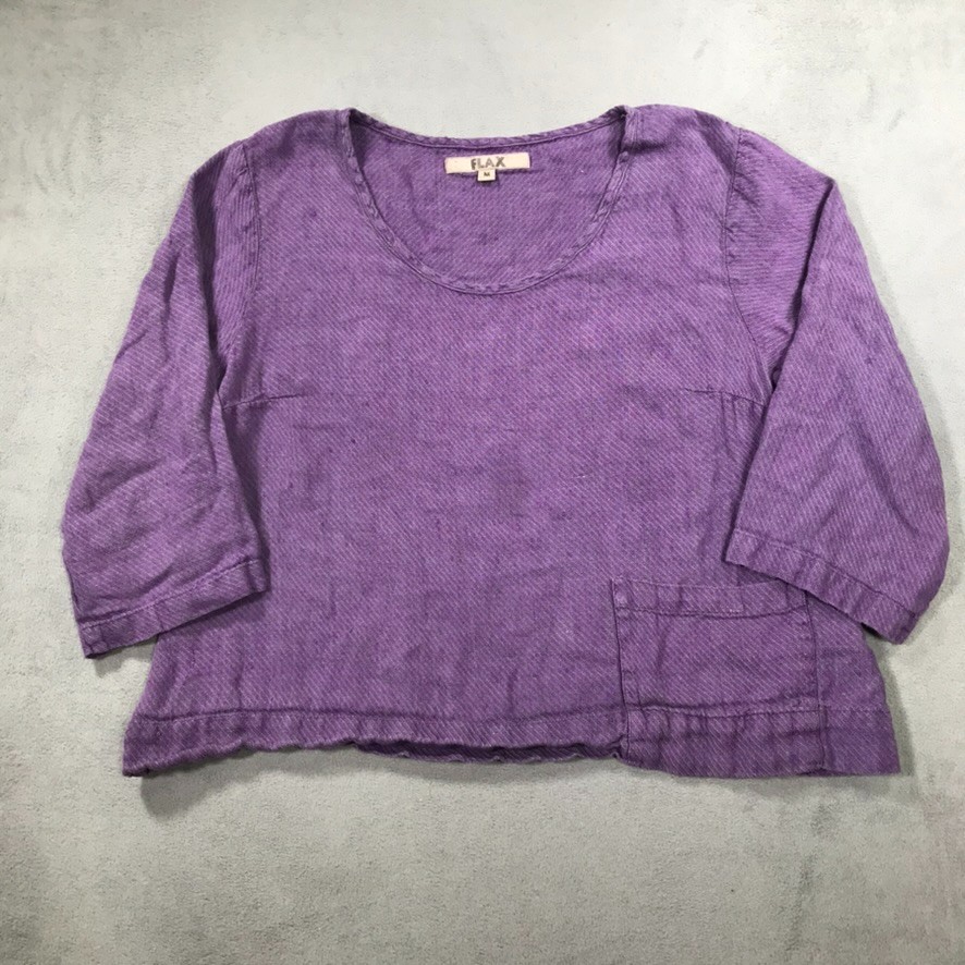 Flax Brand Top Shirt Women Medium Purple Linen Crop 3/4 Sleeve Lagenlook Coastal