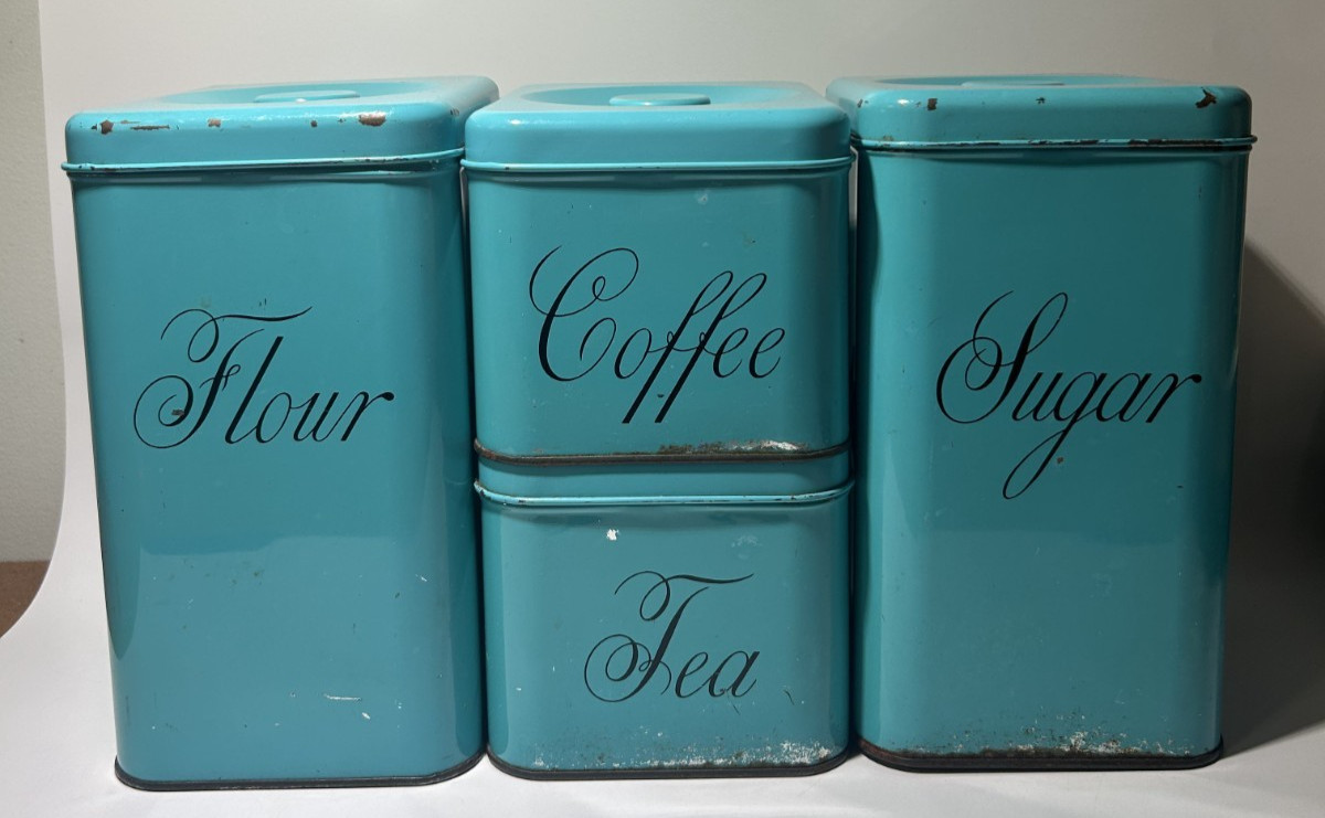 VTG Harvell Space Saver Mid-Century MCM Turquoise Blue Green Canister Set of 4