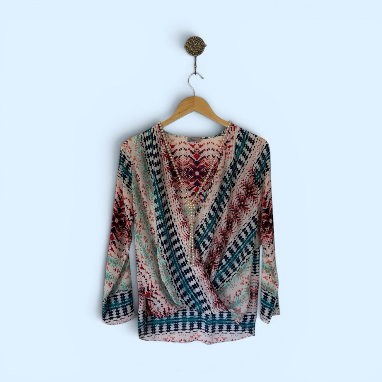 South Moon Under Abbeline Surplice Blouse Aztec Geometric Teal Navy Red S