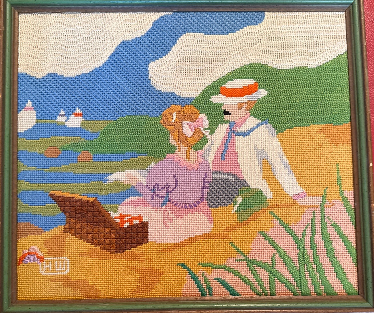 VTG Impressionist Needlepoint Embroidered Beach Scene Dune Picnic 19th C. Couple