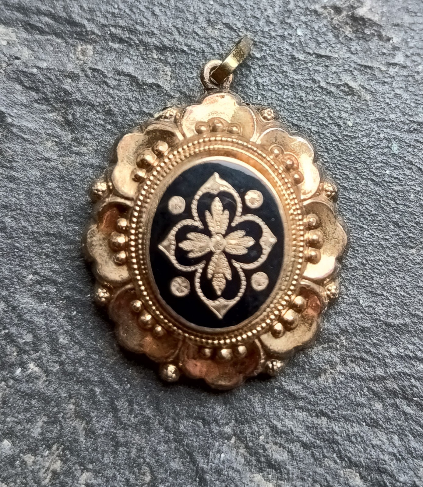 Antique Victorian Era 1890s Pendant Rolled Gold and Black Enamel 