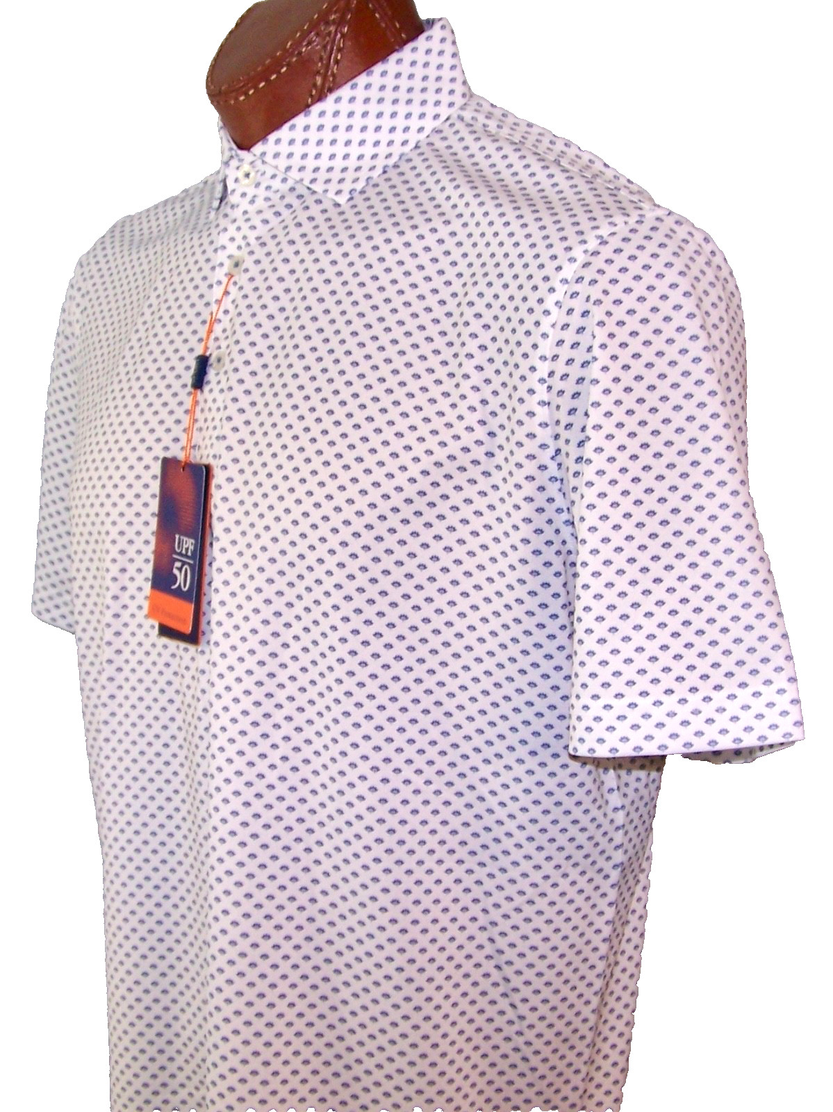 DONALD ROSS SPORT s/s Trimmer UPF 50 WICKING polo sz L PAISLEY PRINT WHITE/DENIM
