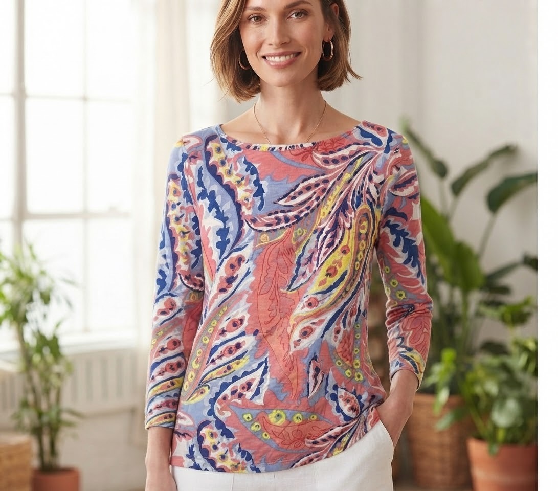 The Talbots Tee Pink Blue Paisley 3/4 Sleeve Bateau Neck Stretch Size XL Cotton The Talbots Tee Pink Blue Paisley 3/4 Sleeve Bateau Neck Stretch Size XL Cotton