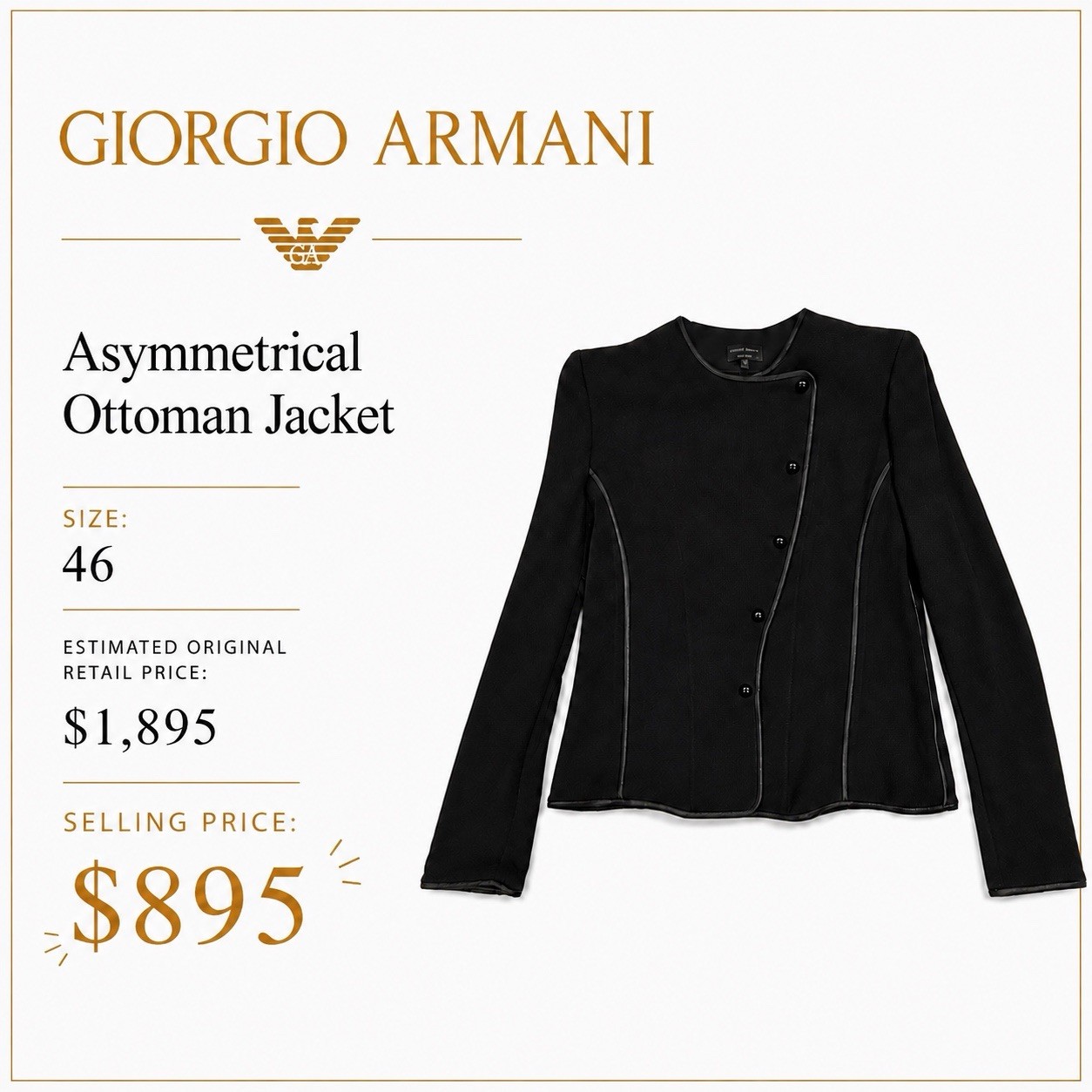 Giorgio Armani Asymmetrical Ottoman Jacket - Size 46