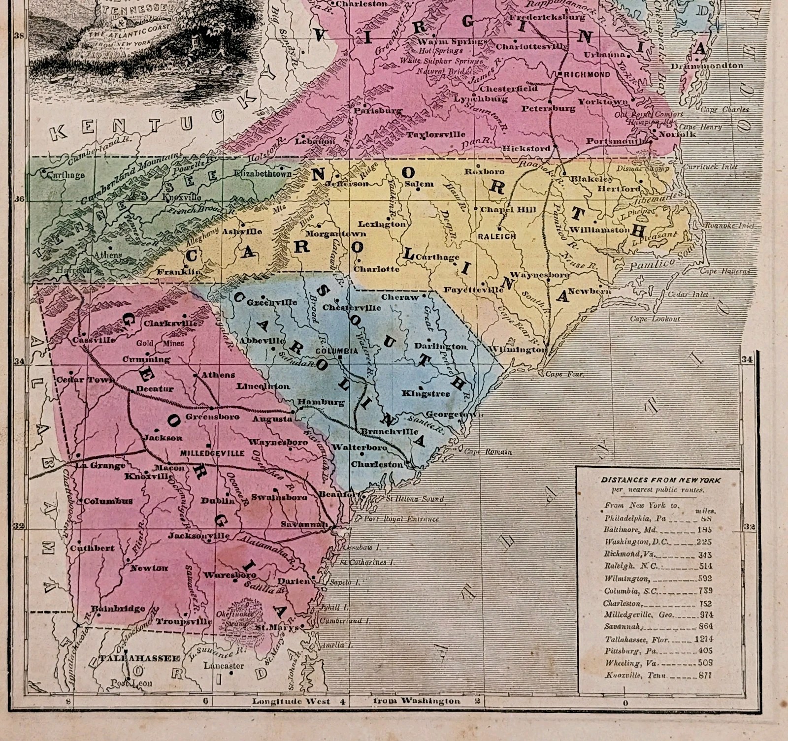 1849 Map GEORGIA - SOUTH CAROLINA  NORTH CAROLINA VIRGINIA Original Railroads