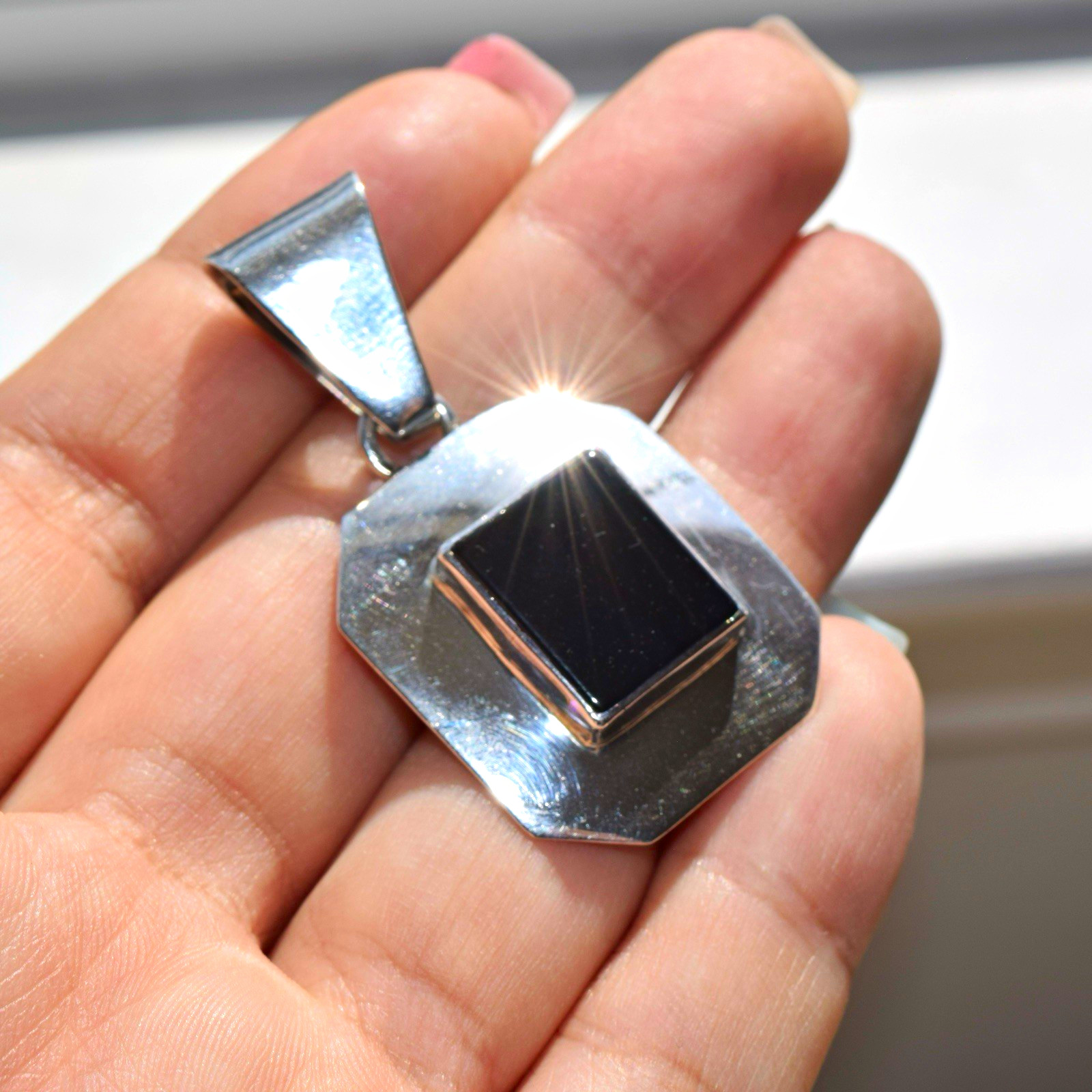 Vintage 925 Sterling Silver Black Onyx Octagon Pendant Geometric Modernist Large