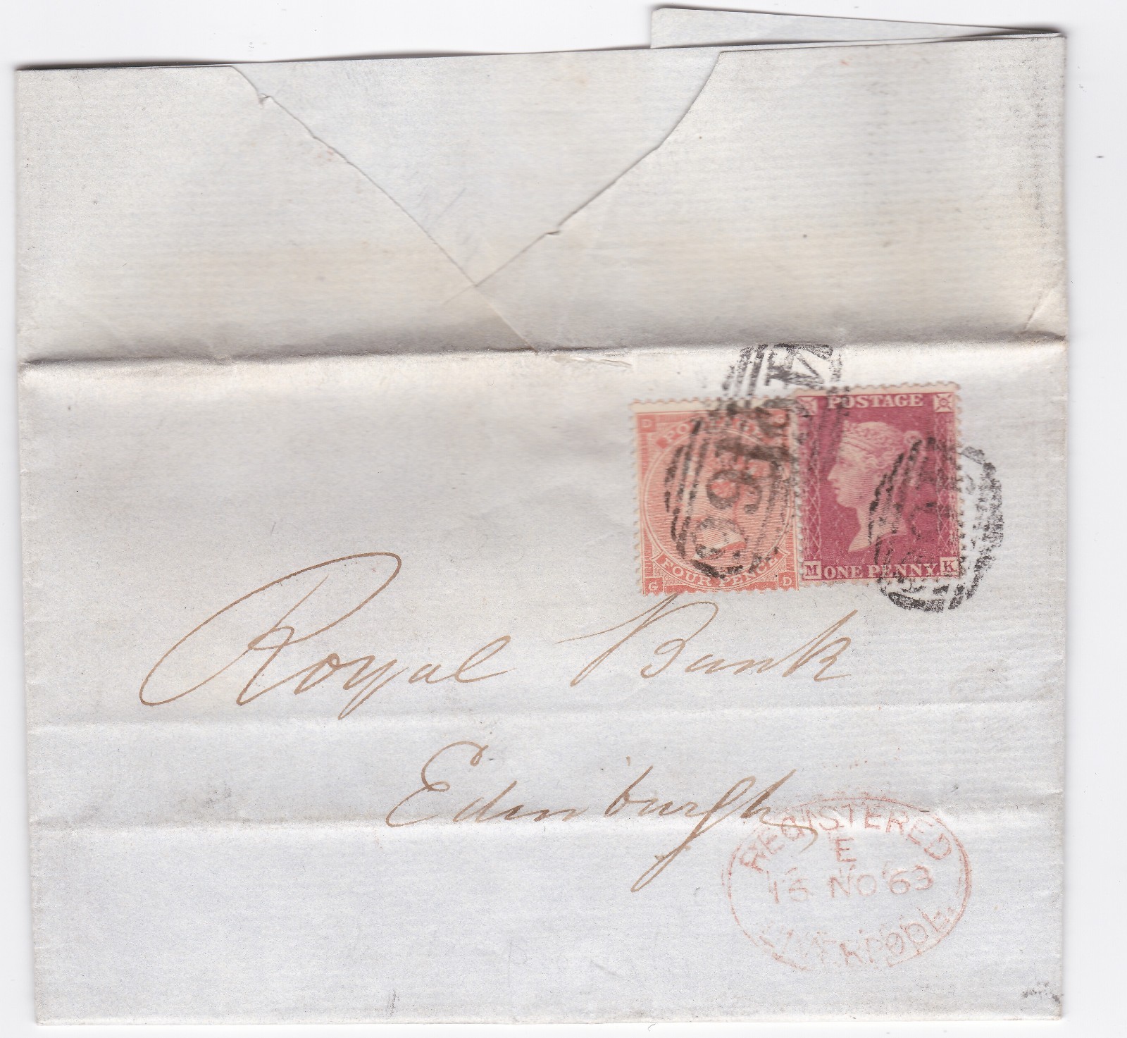 1863 QV 1d RED + 4d RED STAMP PALTE3 ON LIVERPOOL LETTER TO ROYAL BANK EDINBURGH 1863 QV 1d RED + 4d RED STAMP PALTE3 ON LIVERPOOL LETTER TO ROYAL BANK EDINBURGH